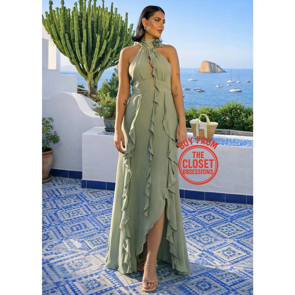ZARA Halter Neck Midi Dress NWT | Sea Green Ruffle Floral Detail M/L 💚